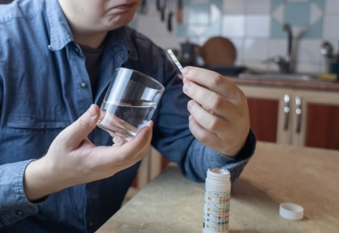 A man testing a water sample at home for chlorine and other contaminants using a simple water testing kit.