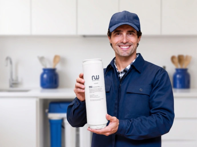 technician holding a reverse osmosis water filter system, standing confidently in a clean, modern home.