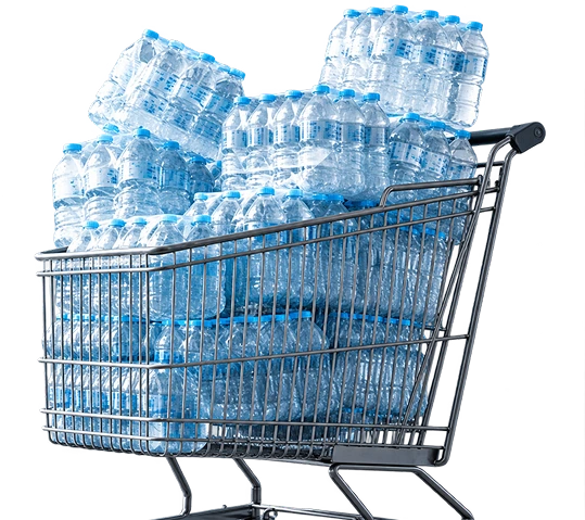 trolley filled with packs of bottled water trolley filled with packs of bottled water