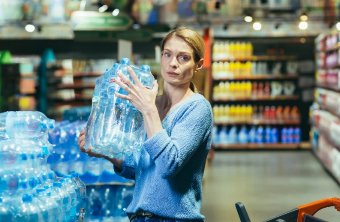 woman carrying packs of bottled water in the supermarket