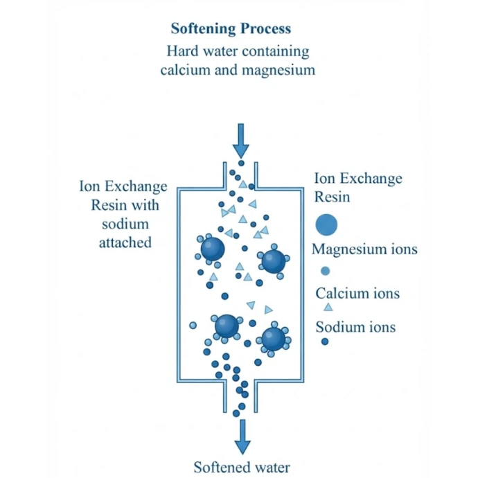 softening process: ion exchange with hard water, resulting in soft water