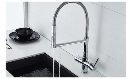 A sleek chrome Tri Flow kitchen tap delivers both filtered and unfiltered water, offering convenience and style while providing fresh, clean drinking water straight from your sink with Renewell Water technology