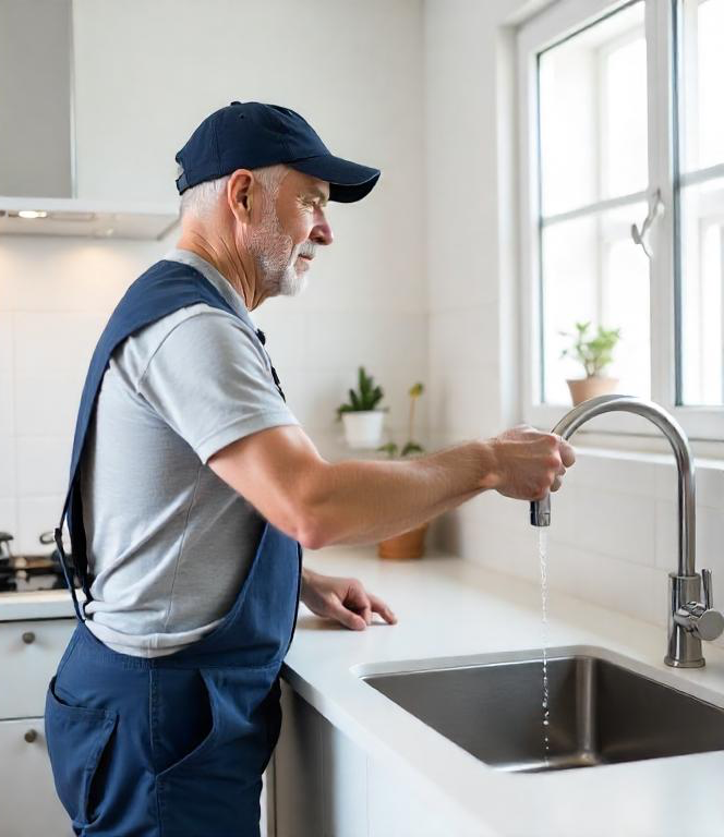 A man fills a glass from a sleek kitchen faucet connected to a Renewell Water filtration system, illustrating the ease of access to pure, great-tasting water and inviting customers to request a free quote for their own system.