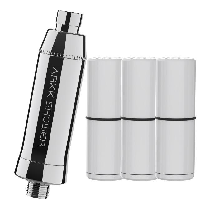 Arkk shower filter bundle with 3 replacement cartridges, offering a full year of clean showers.