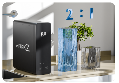 ArkkZ Reverse Osmosis Water Filter with 2:1 Low Drain Ratio Eco-friendly water purifier reduces waste water while delivering unlimited clean drinking water.