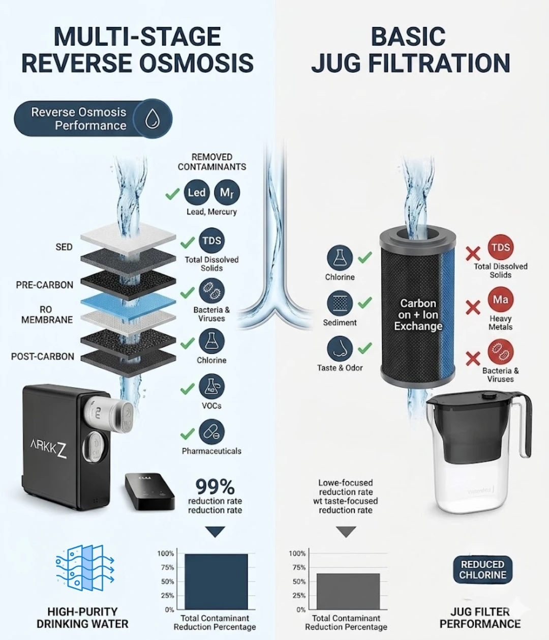 comparison, filtration, jug filter vs Ro filter Comparison between jug filter and ArkkZ reverse Osmsosis