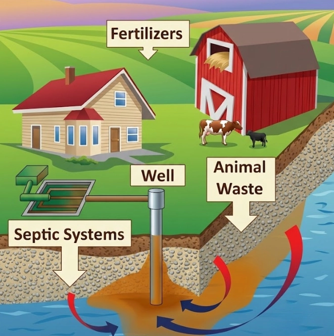 well water, agriculture, fertilizers demonstration of how nitrate gets into well water